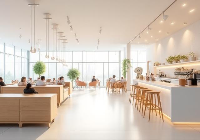 改装後の喫茶店の内装、開放的な空間と現代的なデザイン